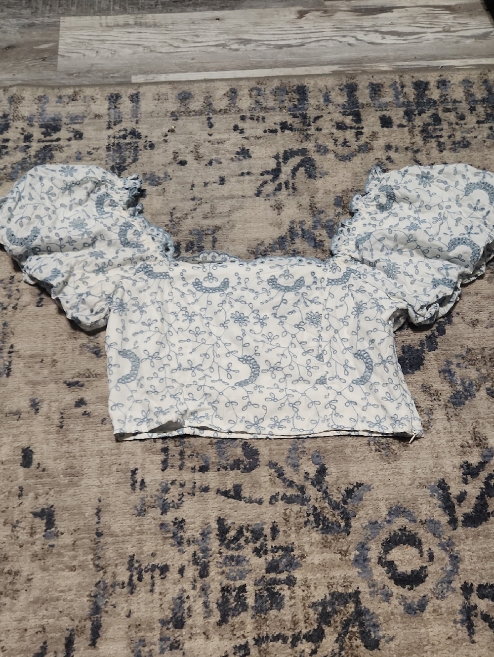 LoveShackFancy White Crop Top with Light Blue Floral Embroidery